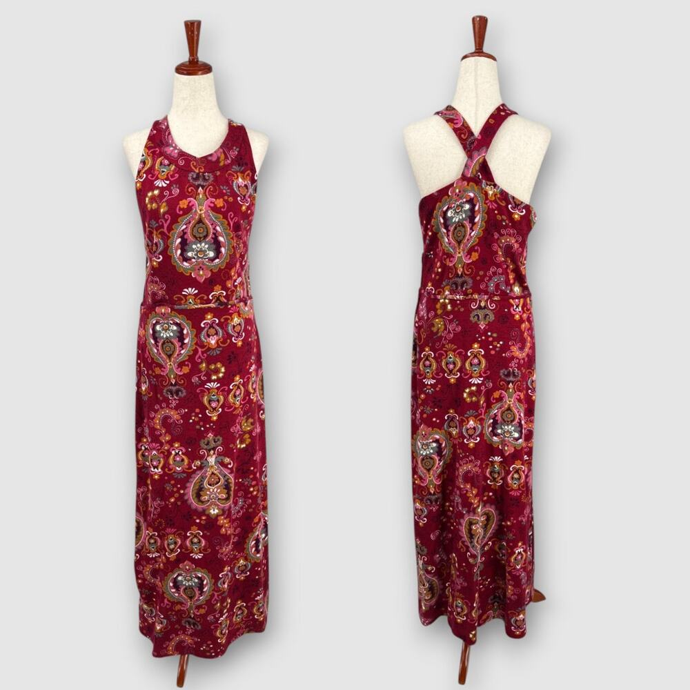 Vintage Burgundy Paisley Medallion Crossback Boho Maxi Dress
